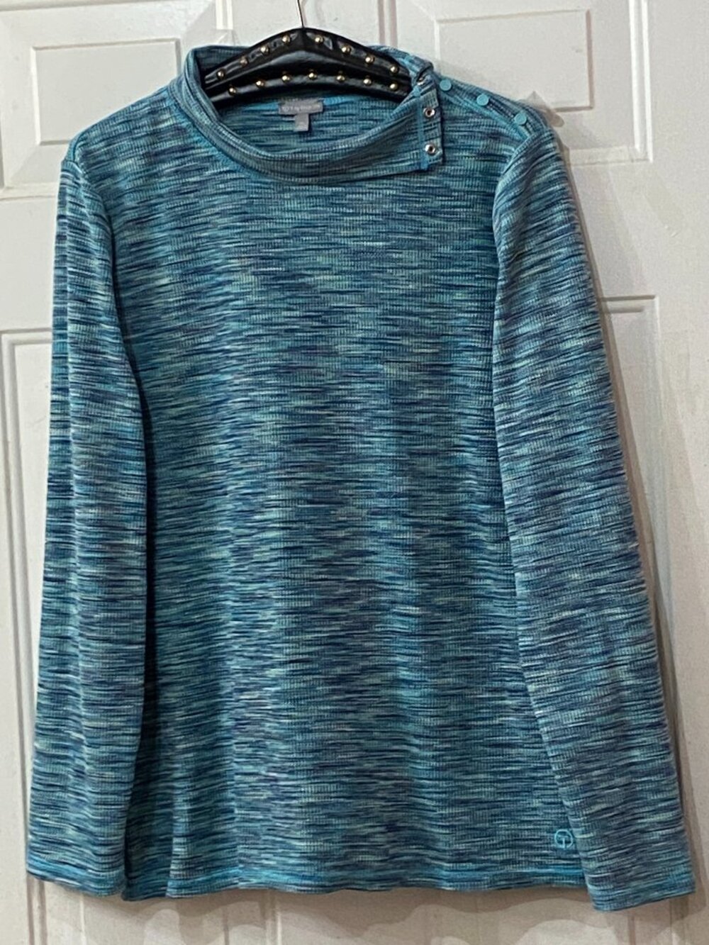 T by Talbots Sz XL Pullover Long Sleeve Mock Neck/Button Turquoise/Gray Melange